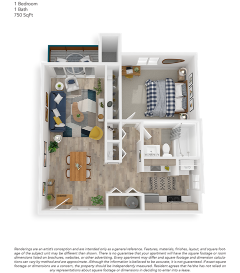Floor plan for 1 bed, 1 bath, 750 sqft